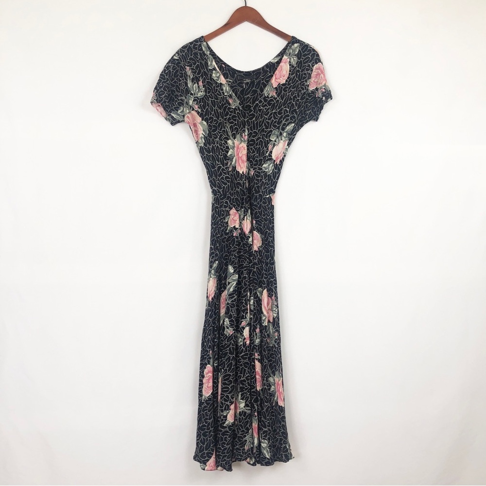 Vintage 90s Starina Maxi Floral Short Sleeve Dress Black Pink V Neck A Line‎